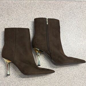 Nine West Dark Brown Heeled Boots with Gold Accents